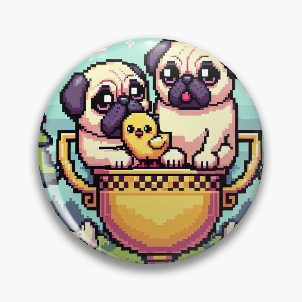Item preview, Kawaii Pugs on Golden Trophy with Retro Pixel Art Chicks designed and sold by Venta Mix  JellycientArt.