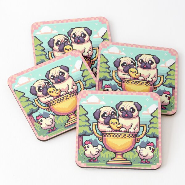 Item preview, Kawaii Pugs on Golden Trophy with Retro Pixel Art Chicks designed and sold by Venta Mix  JellycientArt.