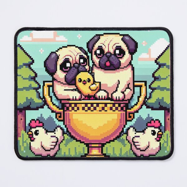 Item preview, Kawaii Pugs on Golden Trophy with Retro Pixel Art Chicks designed and sold by Venta Mix  JellycientArt.