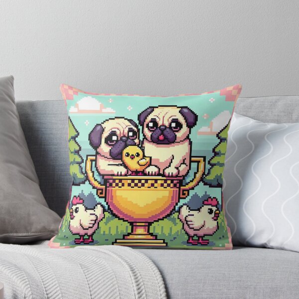 Item preview, Kawaii Pugs on Golden Trophy with Retro Pixel Art Chicks designed and sold by Venta Mix  JellycientArt.