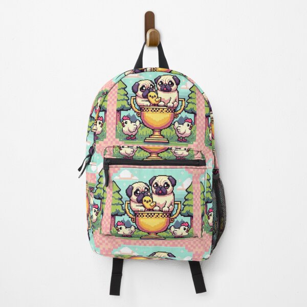 Item preview, Kawaii Pugs on Golden Trophy with Retro Pixel Art Chicks designed and sold by Venta Mix  JellycientArt.