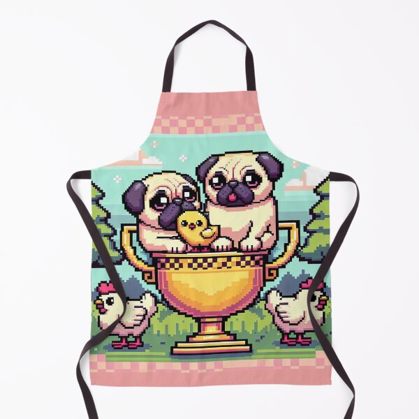 Item preview, Kawaii Pugs on Golden Trophy with Retro Pixel Art Chicks designed and sold by Venta Mix  JellycientArt.