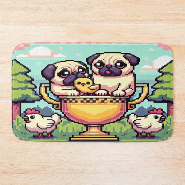 Item preview, Kawaii Pugs on Golden Trophy with Retro Pixel Art Chicks designed and sold by Venta Mix  JellycientArt.
