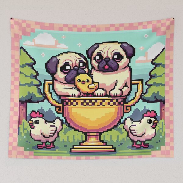Item preview, Kawaii Pugs on Golden Trophy with Retro Pixel Art Chicks designed and sold by Venta Mix  JellycientArt.