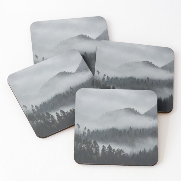 Item preview, A misty forest landscape with tall trees and mountain silhouettes in the background. designed and sold by Piotr Front.