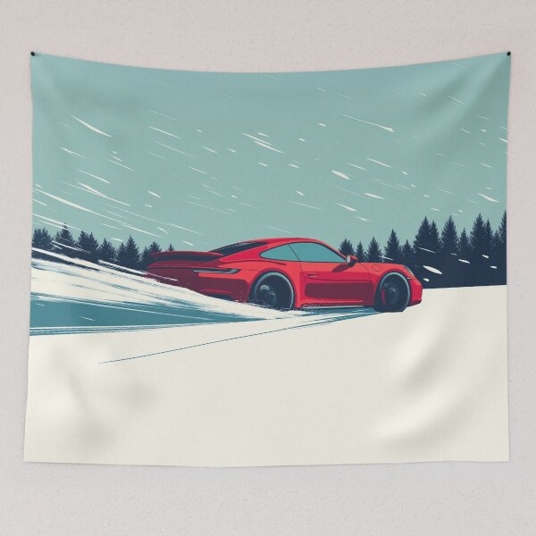 Artikelvorschau, Porsche 911 992 rast durch den Schnee Abbildung entworfen und verkauft von blackdogshop.