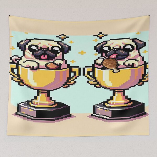 Item preview, Pugs in Trophy Eating Chick - Retro Pixel Art designed and sold by Venta Mix  JellycientArt.