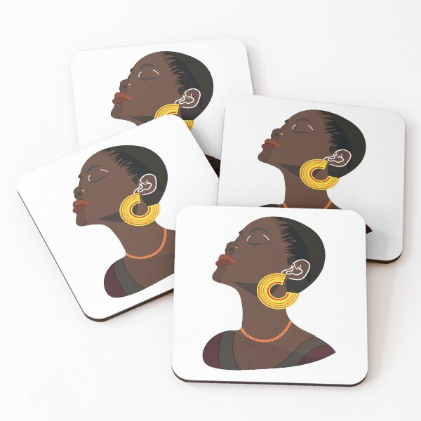 Item preview, A captivating profile of an ebony woman model with closed eyes, wearing a vibrant yellow and orange circular earring and a beaded necklace. The solid grey background emphasizes her serene beauty  designed and sold by KARTICK DUTTA.