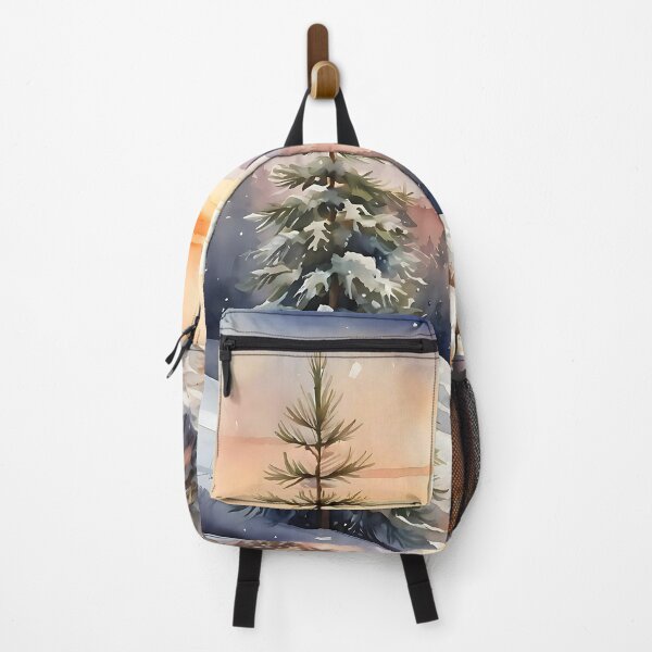 Item preview, Watercolor winter sunset over a snowy landscape with evergreens and mountains reflected in vibrant colors designed and sold by SeaSoulArt.