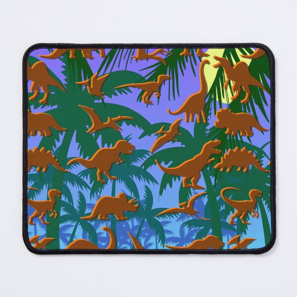 Item preview, colorful silhouettes of different famous dinosaurs with evening palm grove back ground, designed for mackpacks designed and sold by BoiTDesigns.