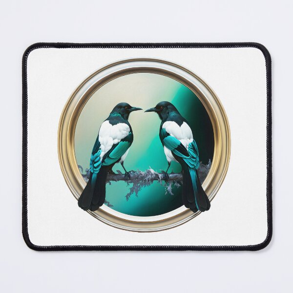 Item preview, magpie couple on a branch in a circular frame designed and sold by EmeraldeaArt.