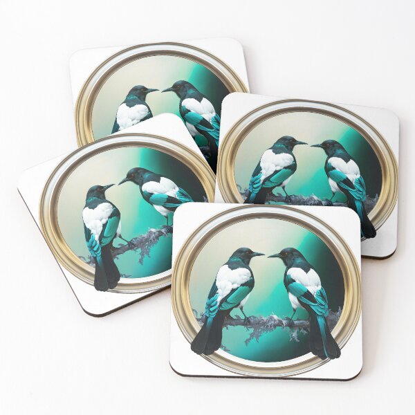 Item preview, magpie couple on a branch in a circular frame designed and sold by EmeraldeaArt.