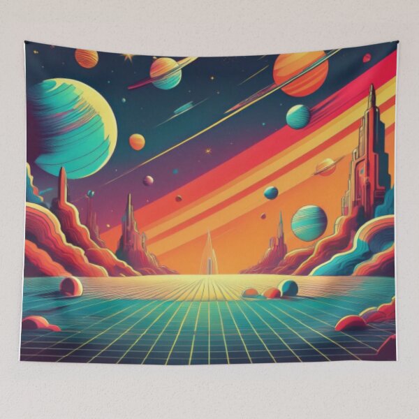 Item preview, Retro Futuristic Space Landscape with Vibrant Planets designed and sold by RaiyaTees.
