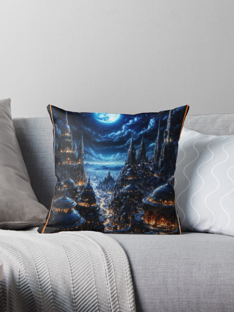The Epic Fantasy City Known As The Deblan Metropolis Under a Full Moon AI Concept Art by Xzendor7 | An Astounding Cobalt City 4 The Epic Fantasy City Known As The Deblan Metropolis Under a Full Moon Astonishing AI Concept Art by Xzendor7 Decorative Art Print Throw Pillow