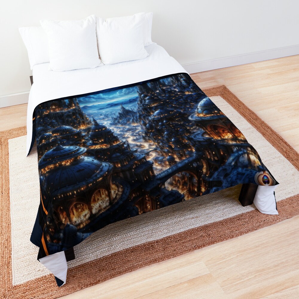 The Epic Fantasy City Known As The Deblan Metropolis Under a Full Moon AI Concept Art by Xzendor7 | An Astounding Cobalt City 3 The Epic Fantasy City Known As The Deblan Metropolis Under a Full Moon Astonishing AI Concept Art by Xzendor7 Decorative Art Print Comforter