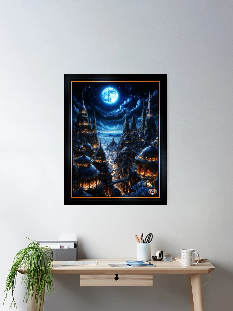 The Epic Fantasy City Known As The Deblan Metropolis Under a Full Moon AI Concept Art by Xzendor7 | An Astounding Cobalt City 2 The Epic Fantasy City Known As The Deblan Metropolis Under a Full Moon Astonishing AI Concept Art by Xzendor7 Wall Decor Poster Art Print