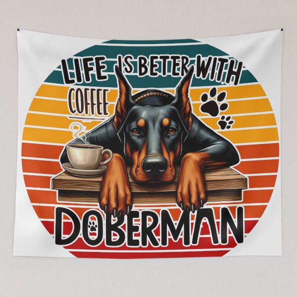 Artikelvorschau, Dobermann und Kaffee im Vintage-Stil entworfen und verkauft von KelvinBlaze.