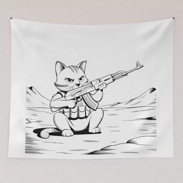 Item preview,  "ARMED KITTEN ". BLACK  AND WHITE CAT WITH AK 47. CAT SOLDIER  designed and sold by Obinne.