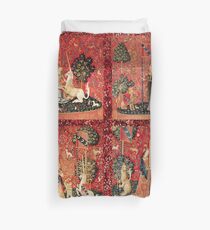 FOUR LADY AND UNICORN STORIES ,Fantasy Flowers,Animals, Red Green Floral Collection Duvet Cover