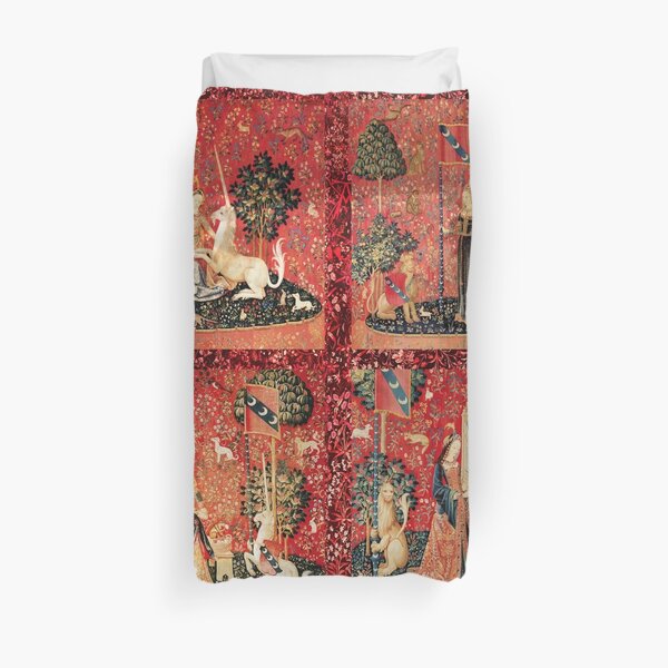 FOUR LADY AND UNICORN STORIES ,Fantasy Flowers,Animals, Red Green Floral Collection Duvet Cover