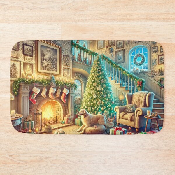 Item preview, Cozy Christmas Living Room Scene - Festive Holiday Fireplace with Gifts and Tree Print designed and sold by NancyzKreations.