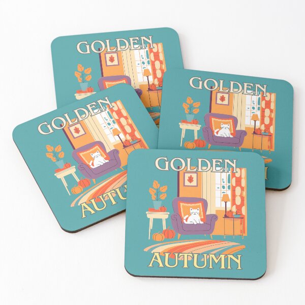 Item preview, retro vintage golden autumn season cute whimsical cat seating on a chair designed and sold by Mayaart83.
