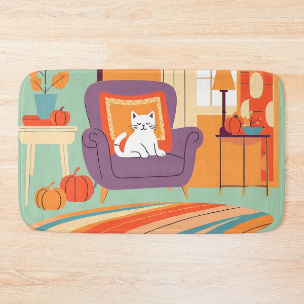 Item preview, retro vintage golden autumn season cute whimsical cat seating on a chair designed and sold by Mayaart83.