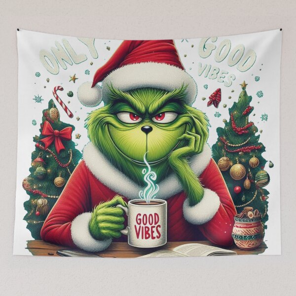 Item preview, Grinch face with cup of chocolate. Only good vibes designed and sold by ShimaiStore.
