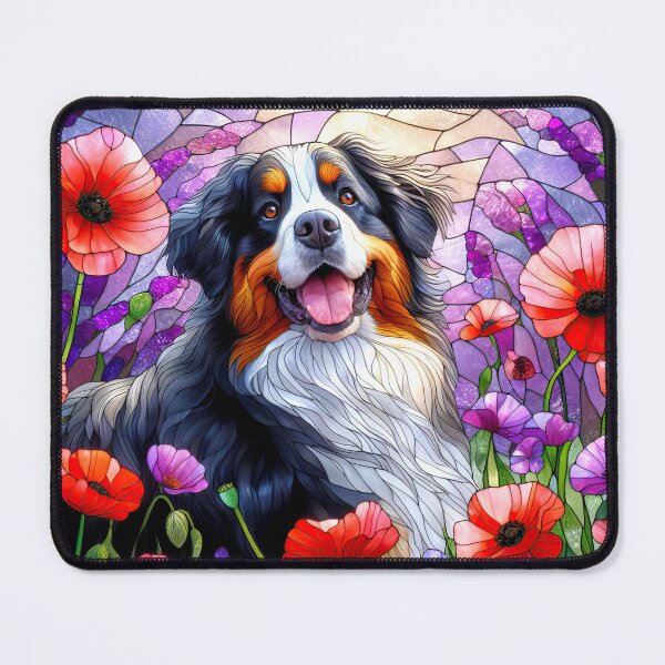 Item preview, Bernese Mountain Dog Red & Purple Poppies - Lest We Forget - Stained Glass designed and sold by LazioJoe.