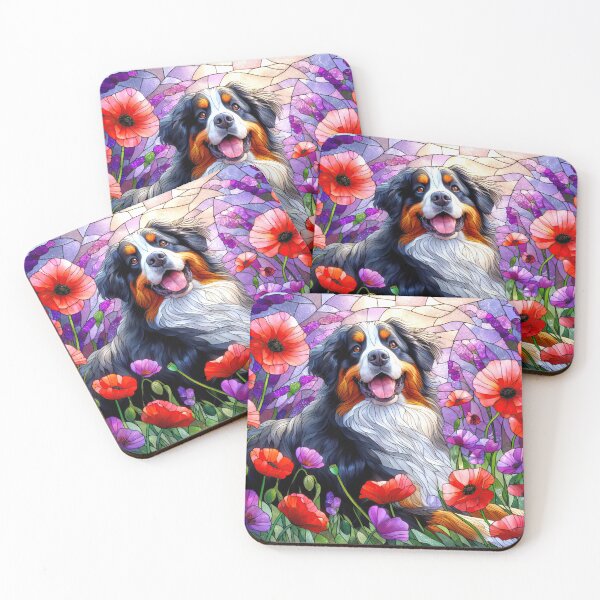 Item preview, Bernese Mountain Dog Red & Purple Poppies - Lest We Forget - Stained Glass designed and sold by LazioJoe.