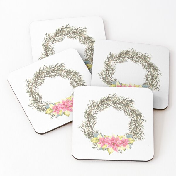 Item preview, Christmas spruce advent wreath with pink poinsettia flowers. Watercolor illustration designed and sold by BartolArt.