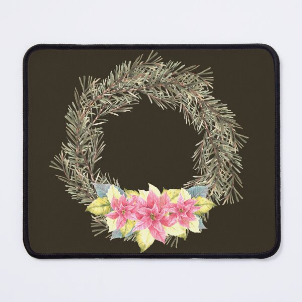 Item preview, Christmas spruce advent wreath with pink poinsettia flowers. Watercolor illustration designed and sold by BartolArt.