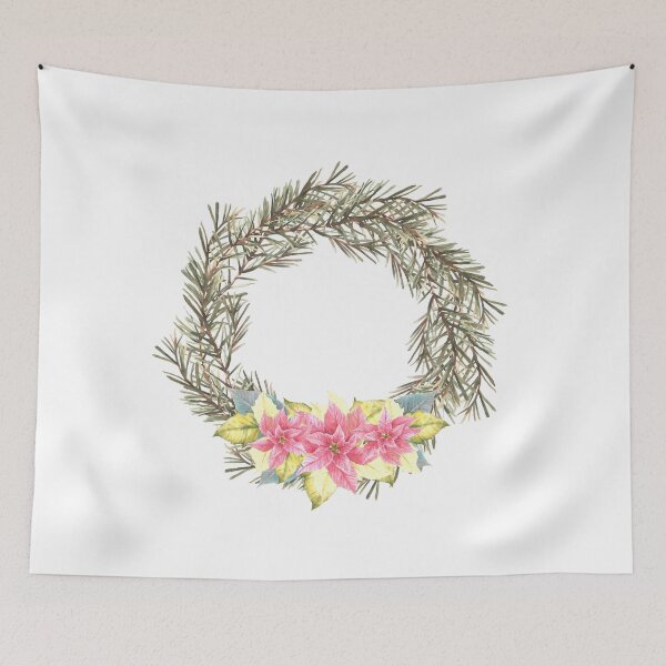 Item preview, Christmas spruce advent wreath with pink poinsettia flowers. Watercolor illustration designed and sold by BartolArt.