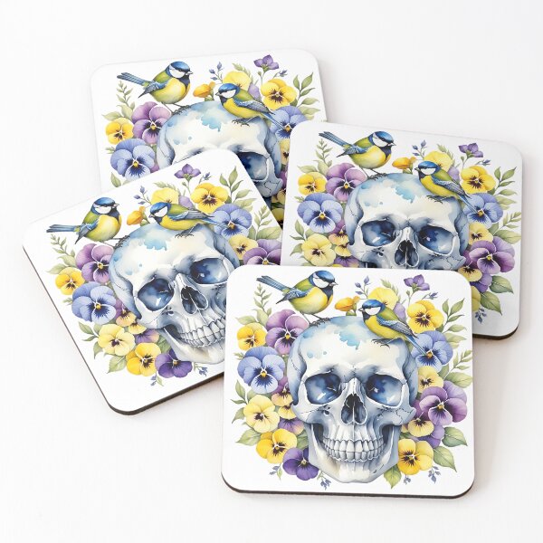 Item preview, Skull with blue tit floral pansies  designed and sold by MoonMonkeyNbear.