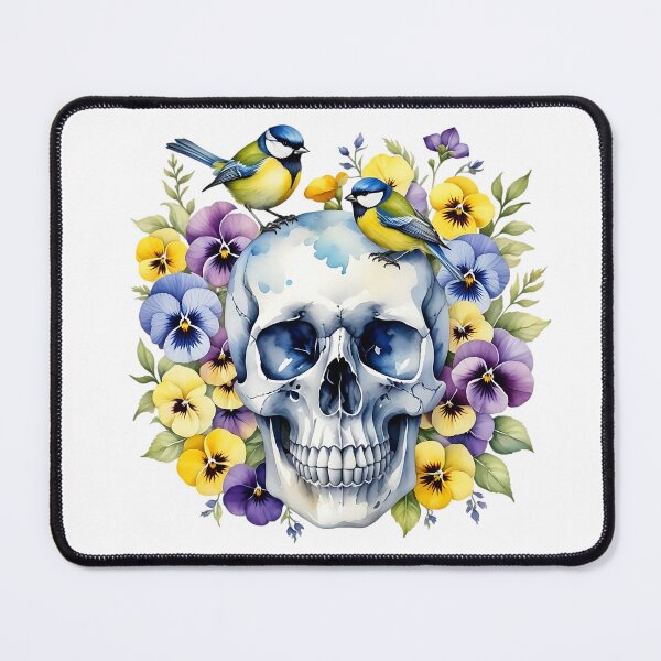 Item preview, Skull with blue tit floral pansies designed and sold by MoonMonkeyNbear.