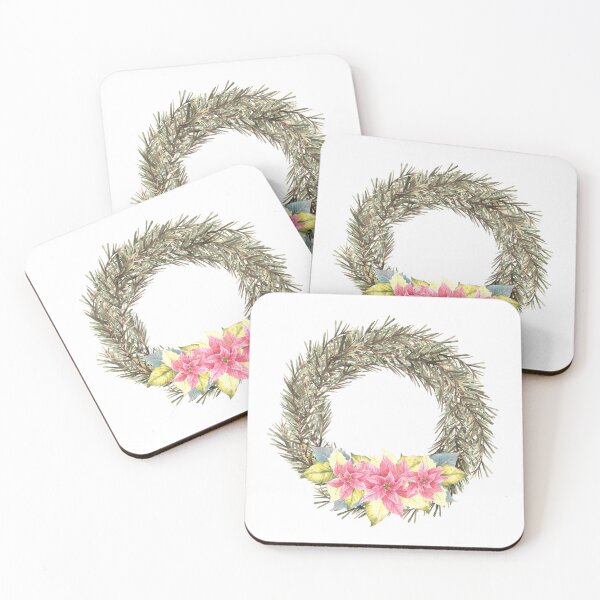 Item preview, Copy of Christmas spruce advent wreath with pink poinsettia flowers. Watercolor illustration designed and sold by BartolArt.