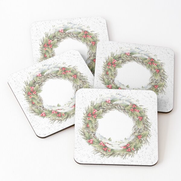 Item preview, Snowy Christmas spruce wreath with holly berries red green winter plant. Watercolor illustration designed and sold by BartolArt.