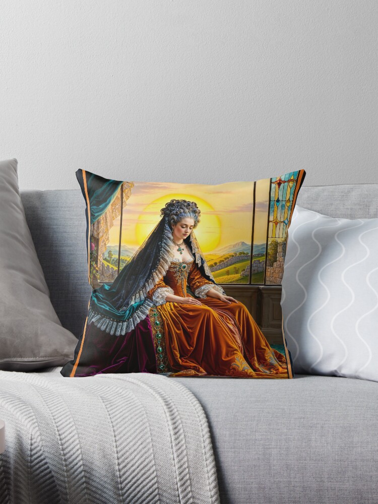 Elegant Noblewoman in Luxurious Gown and Veil, Framed by Golden Sun Halo AI Concept Art by Xzendor7 4 Elegant Noblewoman in Luxurious Gown and Veil, Framed by Golden Sun Halo Captivating AI Concept Art by Xzendor7 Decorative Art Print Throw Pillow