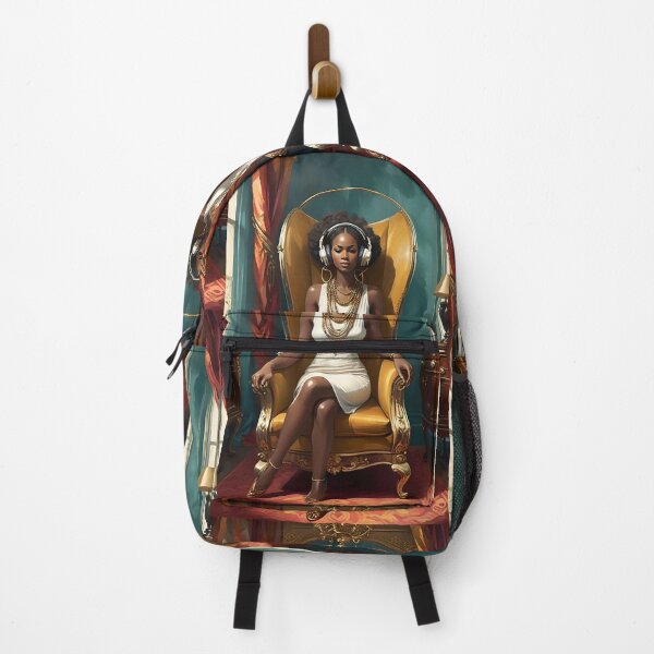 Aperçu de l'œuvre Femme noire écoutant de la musique dans un fauteuil de reine créée et vendue par Cookbeat.