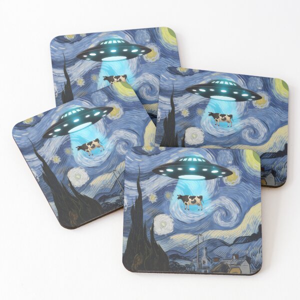 Item preview, Kidnapping a cow by a UFO in a scene inspired by a starry night - painting designed and sold by Pastel-Pulse.