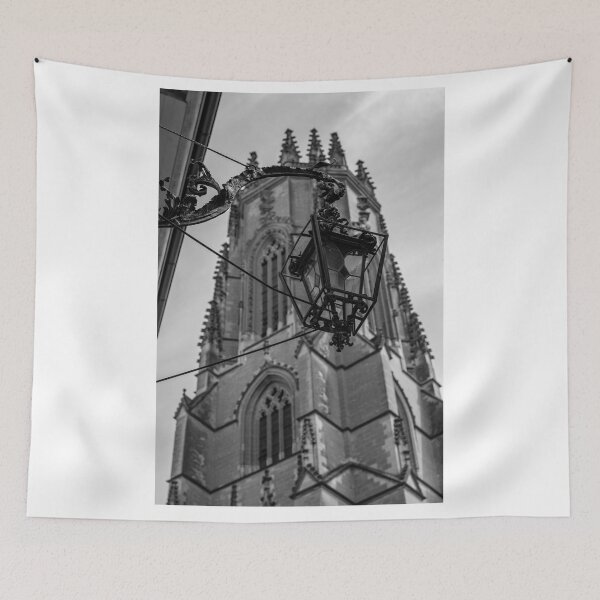 Item preview, Cathedral Tower and Street Lamp in Old Town Medieval in a Sunny Summer Day in Fribourg designed and sold by Mats Silvan.
