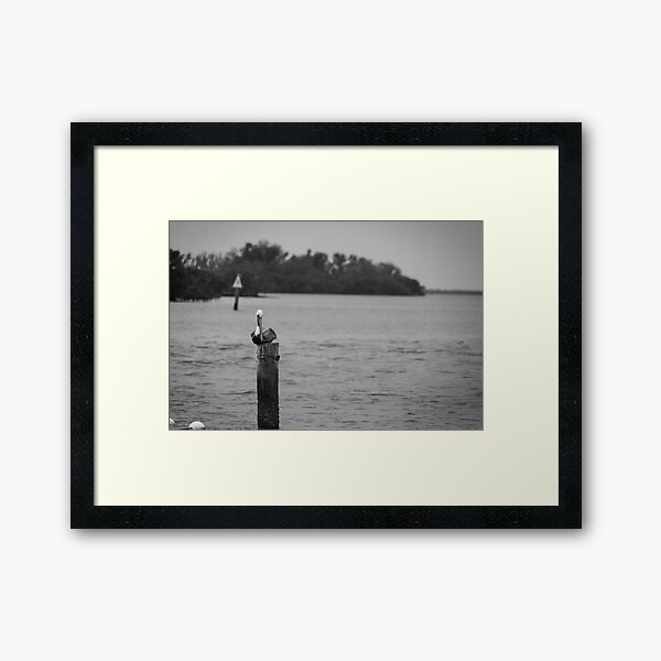 Item preview, A pelican perches calmly on a weathered post in a tranquil Gulf of Mexico at the Anclote Gulf Park. designed and sold by EyezWatchin.