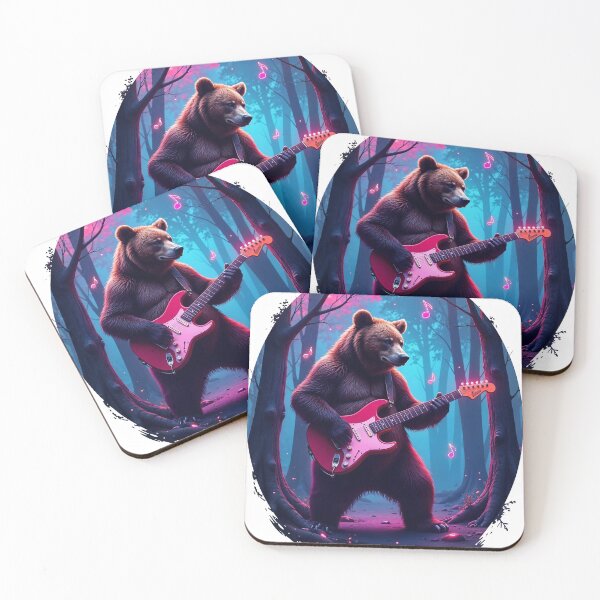 Item preview, Bear playing guitar with floating notes in neon glow designed and sold by inkadventure.