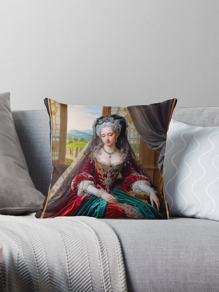 An Elegant Aristocratic Woman In Opulent Red And Green Gown With Veil And Jewels AI Concept Art by Xzendor7 | An Captivating Portrait 4 An Elegant Aristocratic Woman In Opulent Red And Green Gown With Veil And Jewels Captivating AI Concept Art by Xzendor7 Decorative Art Print Throw Pillow