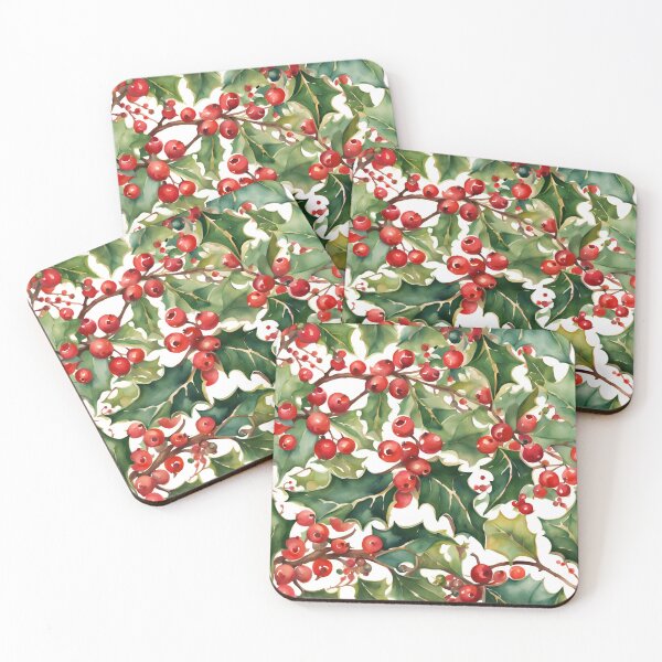 Item preview, Holly Watercolor Florals Pattern  Green Red ,Christmas  Romantic Elegant Pattern designed and sold by KolorellaS.