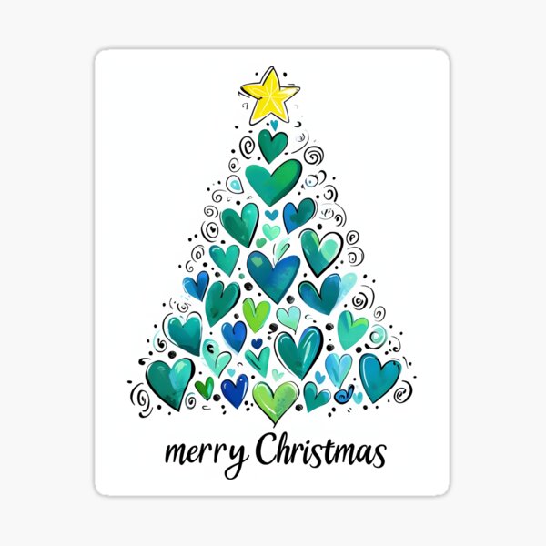 Whimsical Heart Christmas Tree Teal and Blue Holiday Art, Merry Christmas Design, Festive Home Decor Sticker