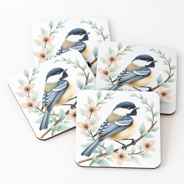 Item preview, Carolina Chickadee on Floral Branch - Nature Art Print designed and sold by BirdsnStuff.