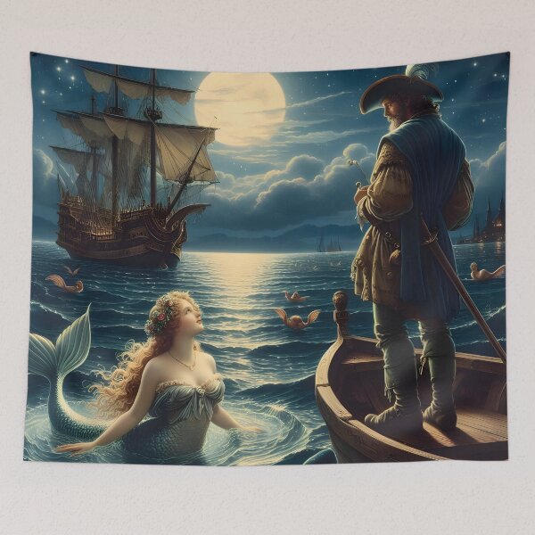 Item preview, Enchanting Sailor and Mermaid Art Under a Full Moon designed and sold by PandaTShirtShop.