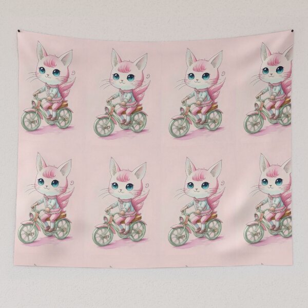 Item preview, Adorable gato rosa en bicicleta: ilustración caprichosa en colores pastel designed and sold by Pastel-Pulse.