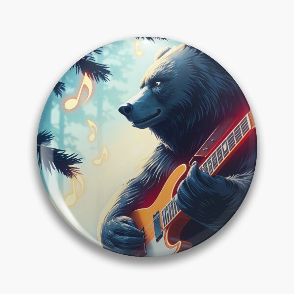 Item preview, Bear playing an electric guitar with a rock band in the forest, musical notes floating around, neon glow colors designed and sold by inkadventure.